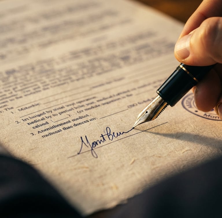 Macro close-up of a fountain pen signing a medical-legal document on heavy textured paper, warm golden-hour light casting long elegant shadows, deep midnight blue tones, shallow depth of field, 35mm
