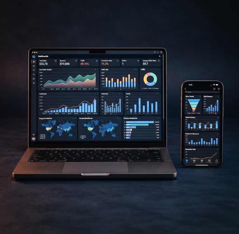 Notebook e smartphone modernos exibindo dashboards de e-commerce e gráficos de tráfego, com iluminação suave em tons de cobre e azul marinho, foco nítido, perspectiva de estúdio.