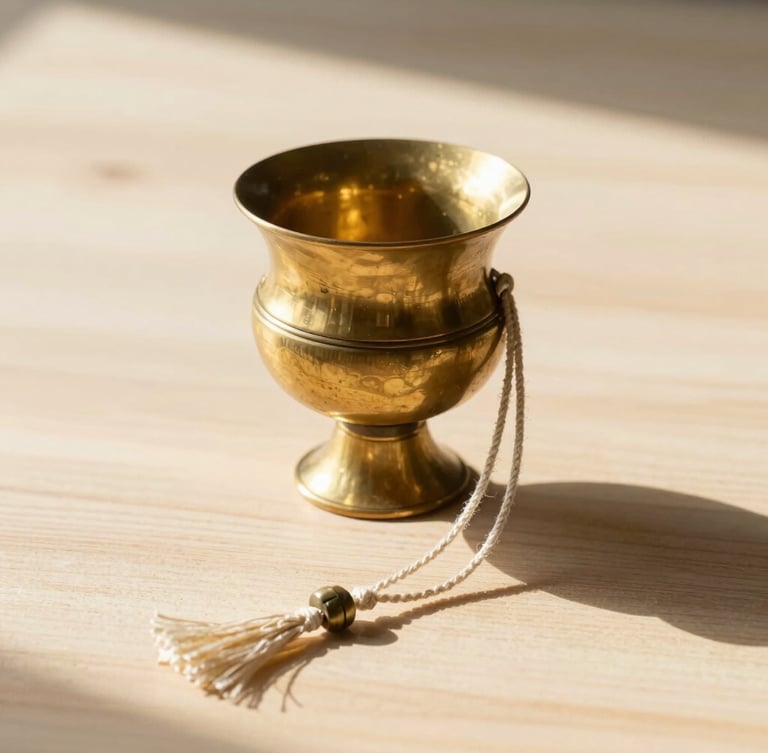 Serene morning sunlight illuminating a brass ritual vessel and delicate sacred threads on a light wooden surface, clean composition.