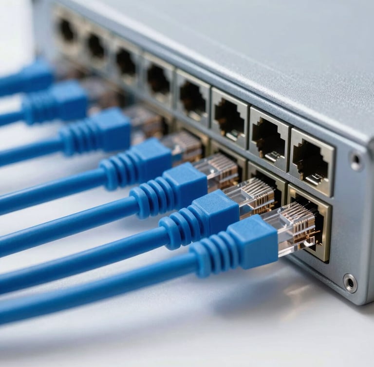 Close-up of clean network hardware configuration with neatly organized blue ethernet cables, bright natural daylight, 50mm photography.