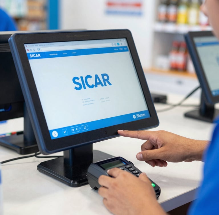 Close-up of hands configuring a POS screen with SICAR software in a bright Mexican local shop, clean slate and electric blue tones, shallow depth of field, 50mm