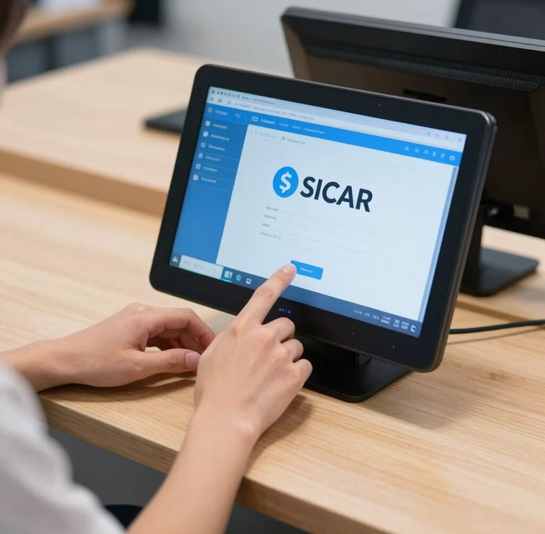 Hands configuring a POS screen with SICAR software visible on a clean wooden counter, bright natural daylight, shallow depth of field.