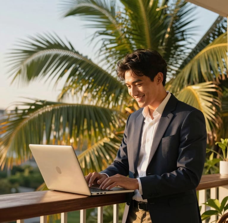 Vibrant tropical balcony at golden hour, a young professional smiling while looking at a laptop, lush palm leaves framing the shot, warm high-contrast sunlight.