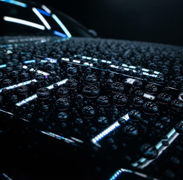 Extreme close-up of water beading perfectly on a deep black car hood, reflecting sharp neon detailing bay LED light bars, low-key, high-contrast studio lighting, 50mm