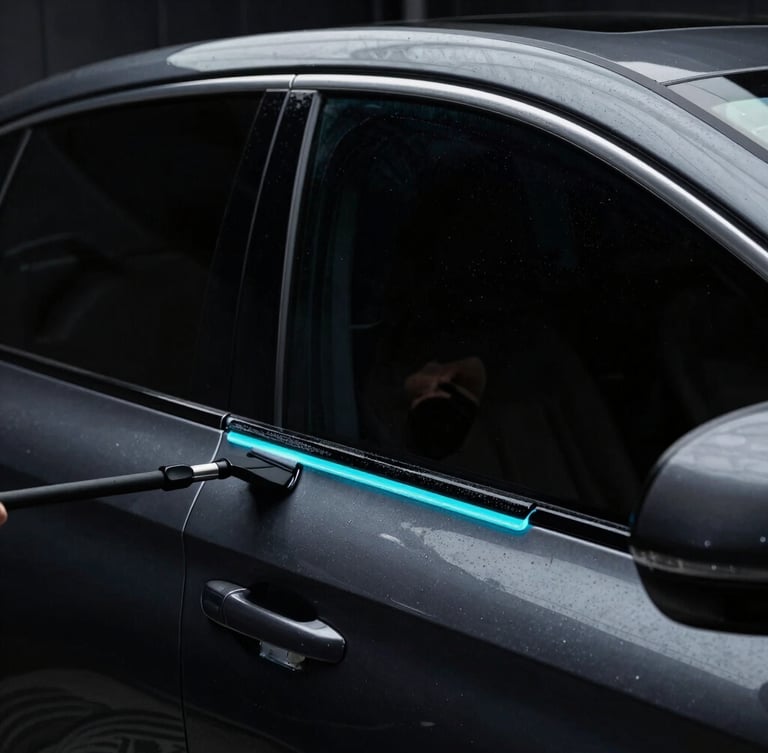 Close-up, low-angle shot of a dark car's side window being tinted by a professional, showing a squeegee smoothly applying film, with a subtle electric cyan glow accenting the edge of the tint.