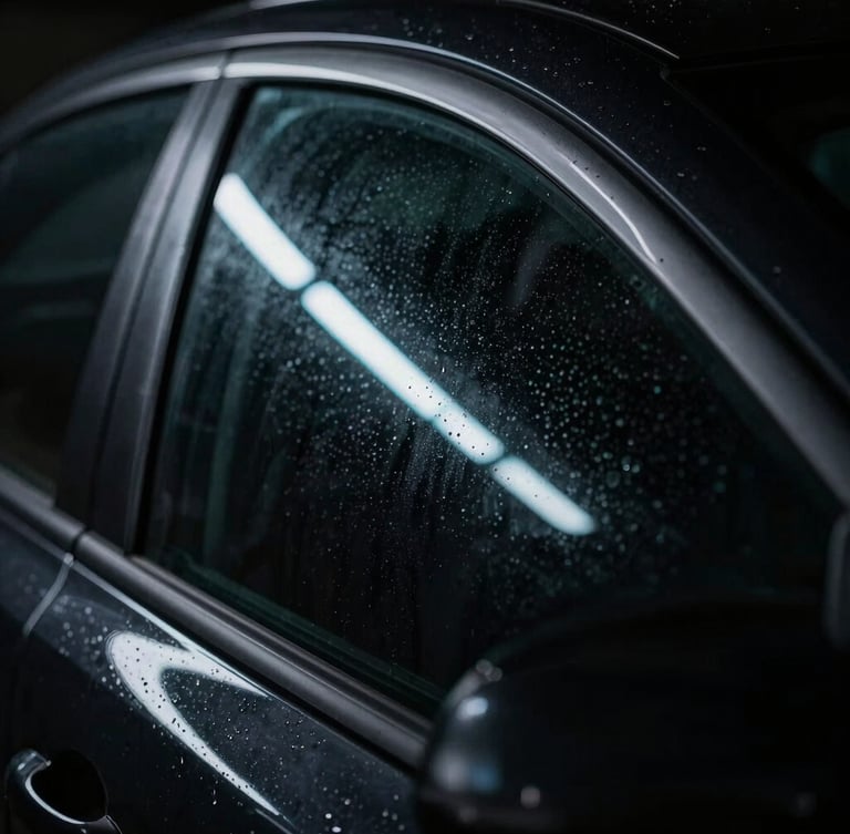 Extreme close-up of dark tinted car window, water beading off, sharp reflections of electric cyan LED light bars, low-key dark automotive photography, 50mm