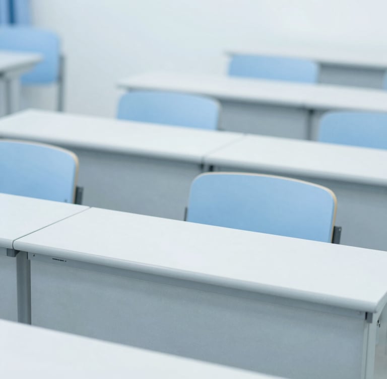 Medium close-up of a modern clinical lecture hall, bright cool daylight, sterile blue and white tones, sharp focus, professional editorial.