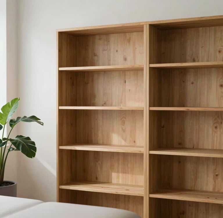 Serene empty speech therapy room with wooden shelves, soft natural daylight, green plant, minimalist editorial style