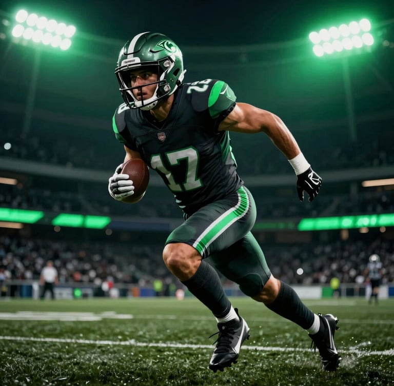 Dramatic close-up of a professional football player in a dark jersey mid-stride on a dark stadium field, illuminated by high-contrast neon green stadium floodlights, sharp key lights, action-focused framing.
