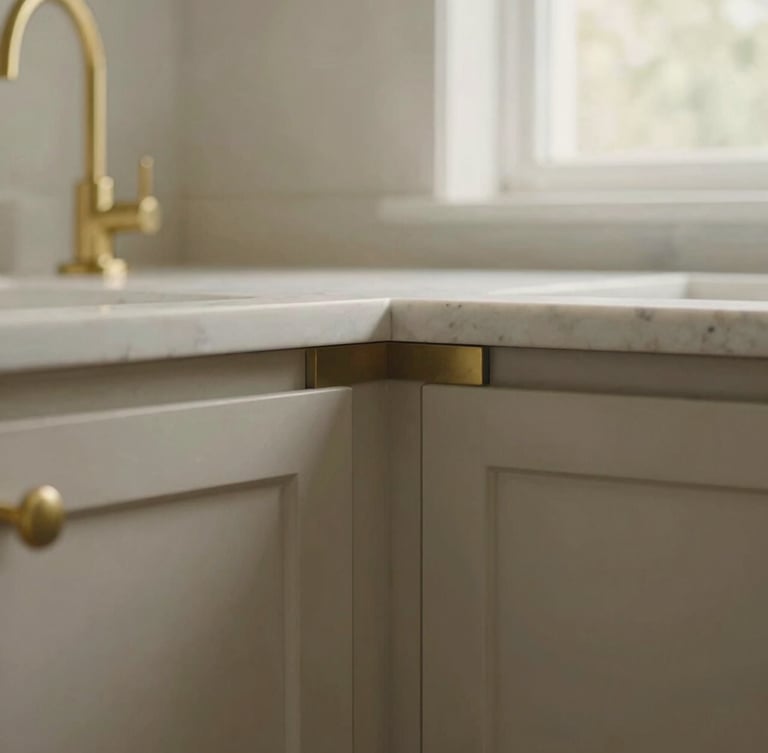 Close-up detail shot of custom kitchen millwork joint meeting a marble countertop, brushed brass fixture in soft focus, warm natural window light, 35mm