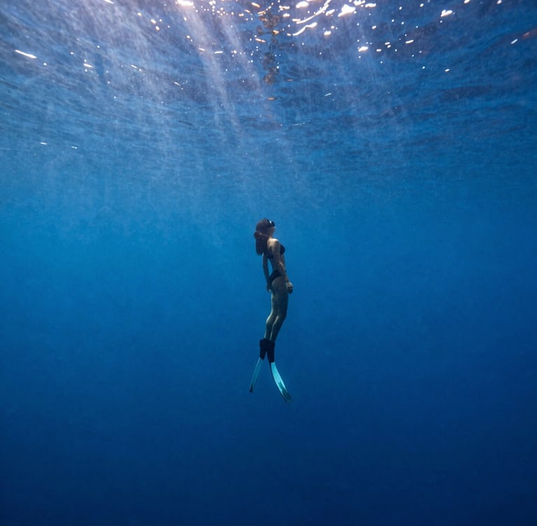 A lone freediver descending vertically into deep blue ocean water, natural sun rays filtering from above, serene and minimalist underwater film photography style.