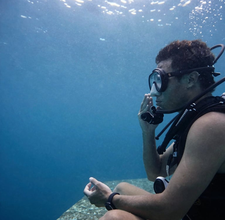 Close-up of a diver in a quiet meditative moment on a coastal ledge, soft overcast daylight, focus on controlled breathing, 35mm film photography