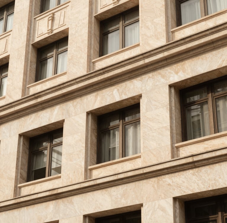 Warm editorial photography of architectural details of a classic modern building in Brazil, soft natural window light, clean geometric lines, cream and beige stone facade