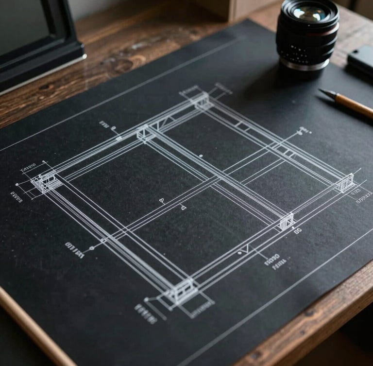 Flat-lay blueprint drawings of structural framing details on a dark drafting table, sharp architectural lines.
