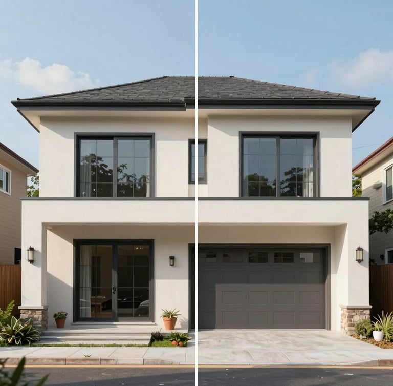 Side-by-side comparison of a photorealistic 3D rendering of a modern home addition and the finished built physical space, bright natural daylight, straight-on elevation.