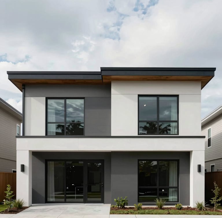 Straight-on architectural elevation of a modern two-story residential addition in Arlington, overcast daylight, clean lines.