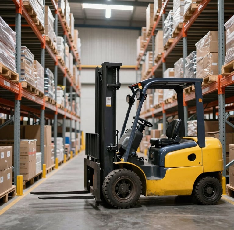 A vertical portrait of an organized warehouse aisle with high-bay racking, bright natural daylight, and a forklift parked neatly to the side in a clean Australian industrial setting.