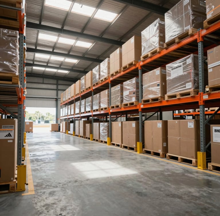 Wide-angle photograph of an organized, modern Australian logistics warehouse bay with high-visibility safety orange accents, clean concrete floors, bright natural daylight streaming through skylights.