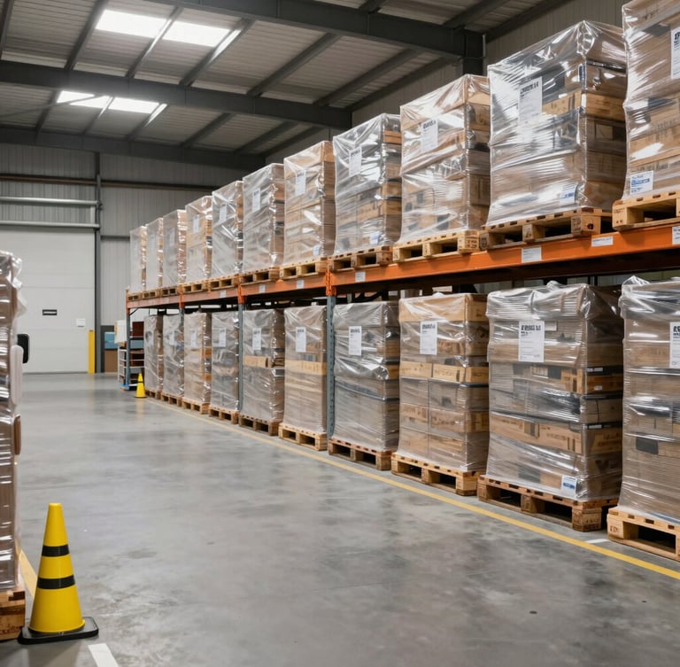 Wide angle shot of a modern, organized Australian warehouse bay with high-vis safety markers, bright neutral daylight overhead, neatly stacked logistics pallets in the background, sharp focus.