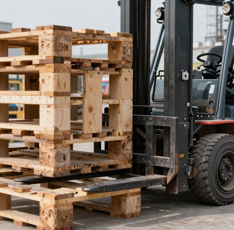 Sharp macro close-up of heavy-duty industrial logistics pallets and a forklift fork lifting a crate, bright neutral daylight