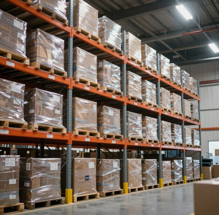 Sharp portrait shot of structured warehouse racking with neatly organized cartons, bright neutral overhead lighting, industrial logistics environment.
