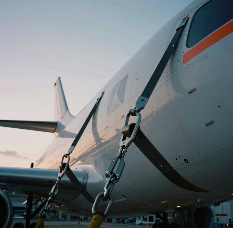 Close-up of heavy-duty steel tie-downs and complex rigging equipment securing an aerospace fuselage, dramatic low-angle industrial lighting.