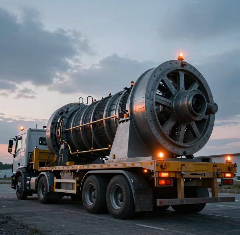 Low-angle heroic shot of a multi-axle heavy transport trailer carrying a massive industrial turbine, overcast twilight, flashing safety beacons.