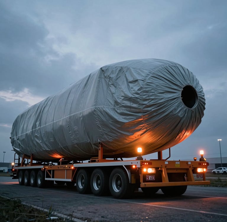 Low-angle heroic shot of a massive multi-axle heavy transport trailer carrying a covered aerospace fuselage at overcast twilight, safety beacons flashing, high contrast cool tones