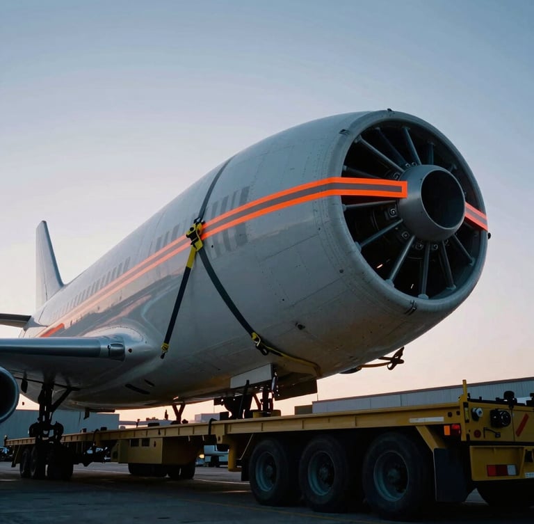 Low-angle technical shot of heavy-duty tie-downs and multi-point rigging equipment securing a massive aerospace fuselage on a multi-axle trailer, industrial yard