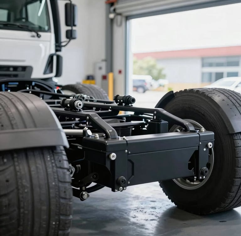 A close-up of a vehicle chassis and suspension system under clean workshop lighting, focusing on technical precision.