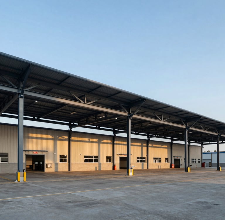A wide-angle environmental shot of a modernized logistics terminal with massive steel structures, clean architectural lines under a clear blue sky, warm sunlight.