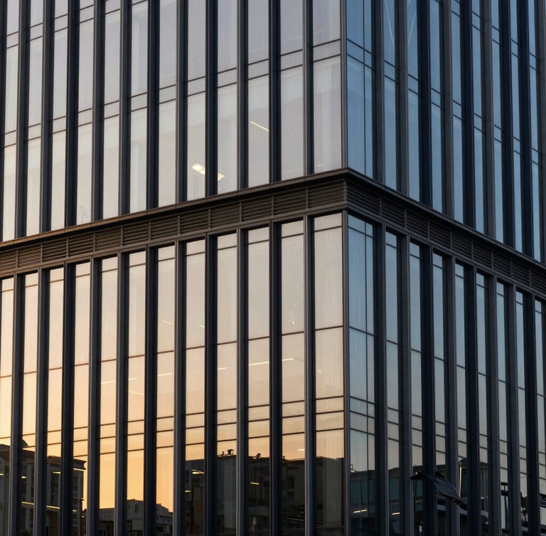 An architectural landmark building with a modern glass facade reflecting the warm golden hour sky, clean lines, high-end corporate editorial aesthetic.