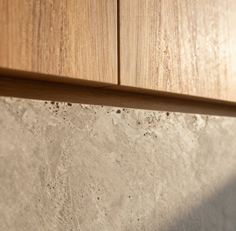 Detailed macro shot of raw concrete texture meeting warm noble wood and a subtle brushed bronze accent, warm sunlight, 35mm lens