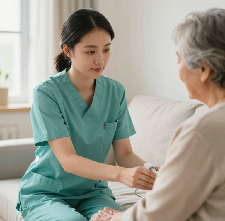 A certified female nurse in a clean teal uniform gently checking the pulse of an elderly patient in a warm, sunlit home environment, medium close-up, authentic editorial healthcare photography.