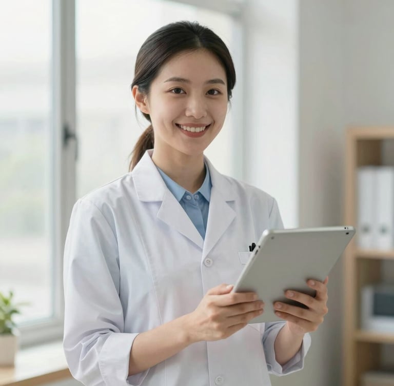 A professional female healthcare administrator in a light-colored clinic setting, holding a tablet, smiling warmly, soft natural window light, clinical-editorial style.