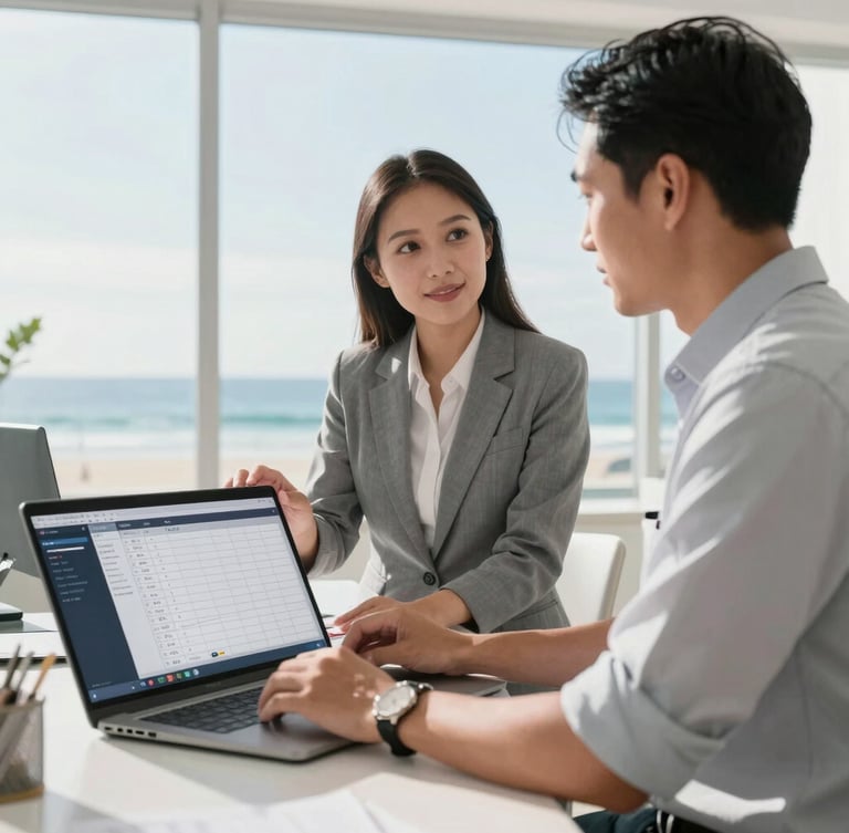 Professional Indonesian travel coordinator in a clean office showing a digital schedule to a local freelance driver, bright morning light, professional interaction, sharp focus, 35mm