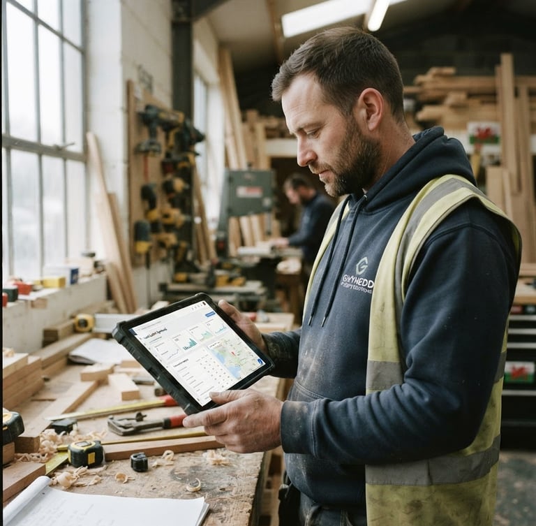 Sharp 35mm shot of a Welsh tradesperson reviewing a tablet screen inside a bright workshop, natural overcast daylight, focus on the screen showing a local SEO dashboard, authentic work environment.