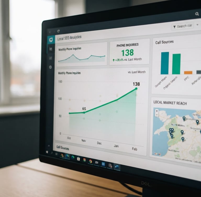 Authentic close-up of a computer screen displaying a clean local SEO dashboard with rising phone inquiry metrics under natural overcast Welsh daylight