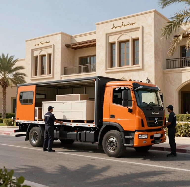 Wide environmental shot of a clean, branded orange and black truck parked outside a luxury Arabian Ranches villa, uniformed crew loading bulky furniture under bright Dubai sun.
