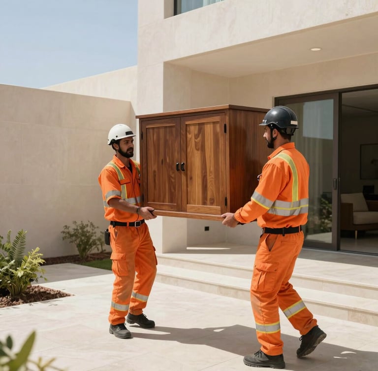 Action shot of two professional crew members in orange safety uniforms carrying a bulky wooden cabinet down a clean modern villa outdoor staircase, bright Dubai daylight.