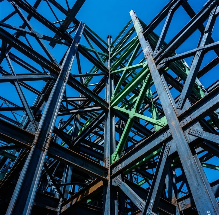 Massive architectural crop of structural steel framing against a clear sky, direct midday sun, low-angle heroic shot, high-contrast cool blue and safety green tones, sharp detail.