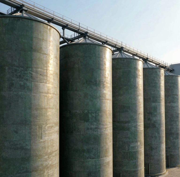 Wide shot of modern concrete grain silos under bright daylight, clean industrial lines, subtle gold tones in the afternoon sun, high-end corporate minimalist style.