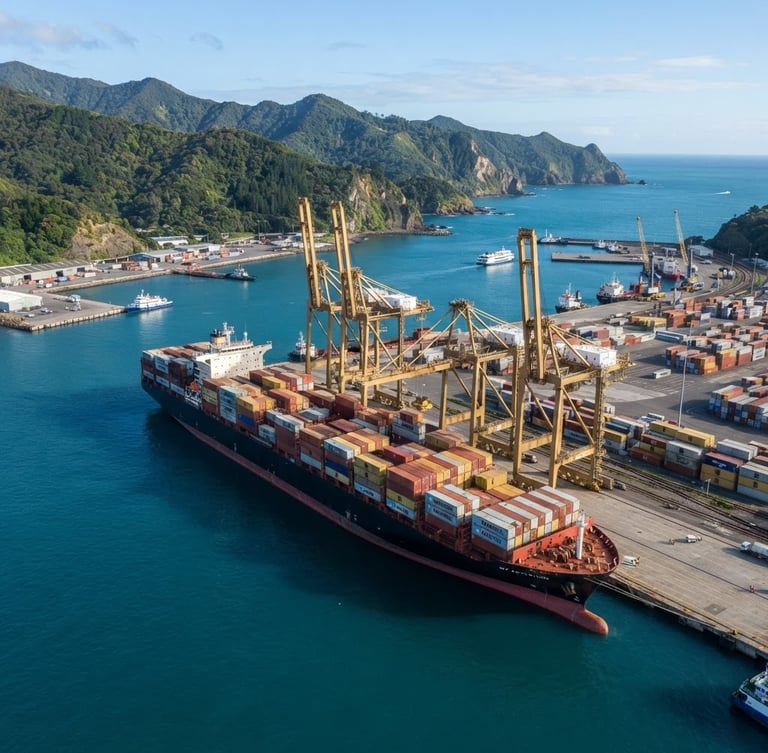 Wide-angle aerial perspective of a massive cargo vessel docked at a modern deep-water port, loaded with grain containers, bright morning daylight, rich deep greens of the coast and subtle gold tones of the crane structures.