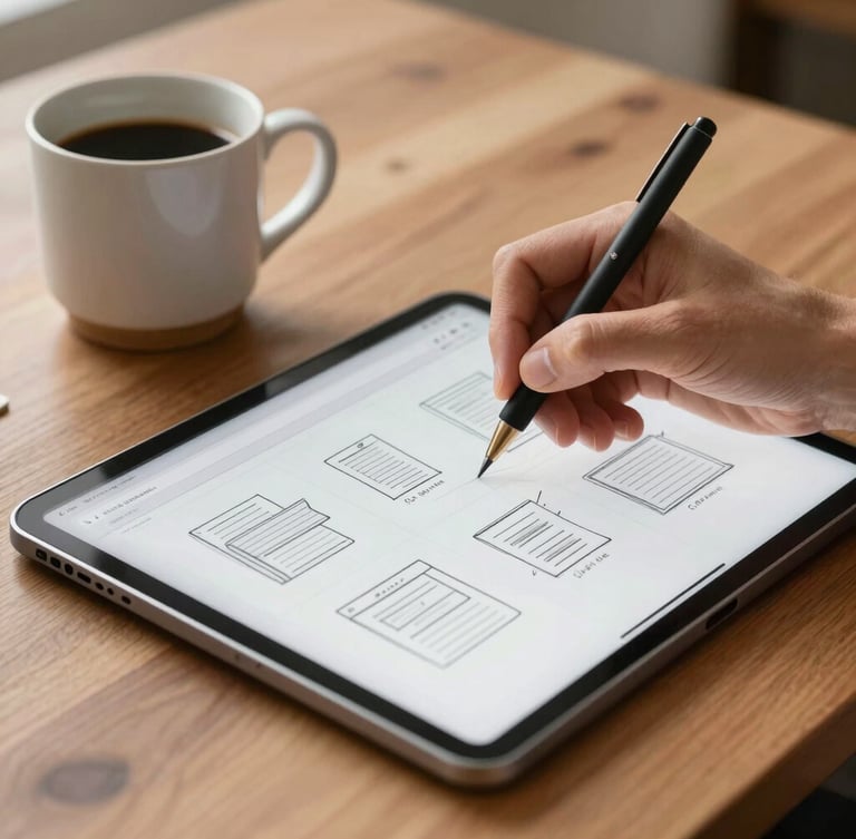 A close-up of a designer's hands sketching a website wireframe on a tablet next to a ceramic coffee mug on a warm wooden desk, soft natural morning light.