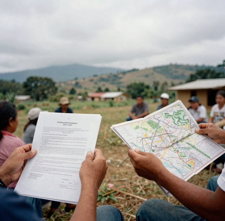 A close-up of hands holding legal documents and topographic maps during a community assembly in a rural Colombian territory, natural overcast daylight, documentary style.