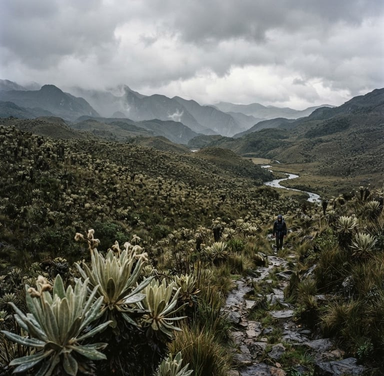 Documentary photography of a vast paramo ecosystem in Colombia under an overcast sky, deep green and gray tones, wide-angle environmental framing, 35mm film texture.