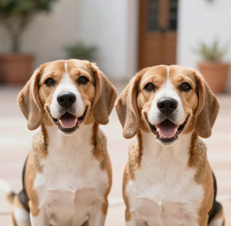 Close-up of two happy Beagle dogs sitting side by side in a sunlit Mexican patio, warm editorial pet photography, shallow depth of field, 35mm