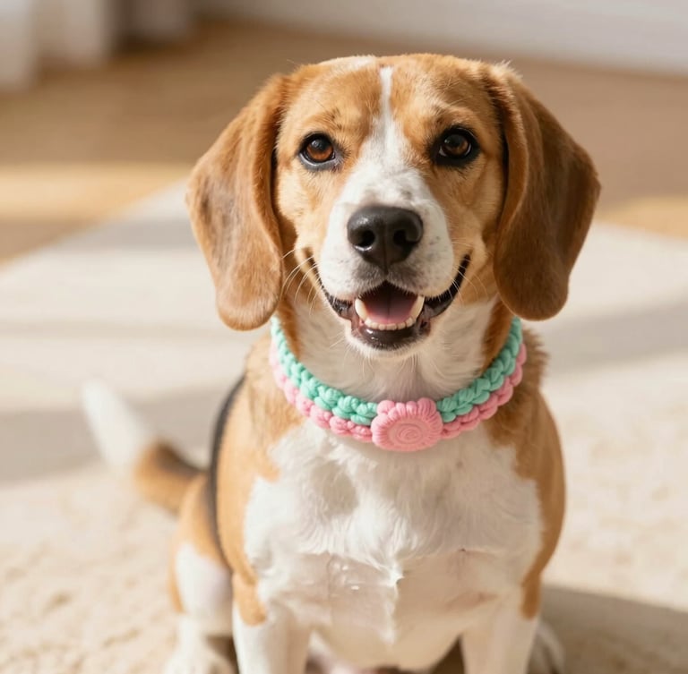 Close-up of a cheerful Beagle wearing a custom pastel pink and mint hand-woven collar, sitting in warm sunlight on a cream rug, shallow depth of field, 35mm