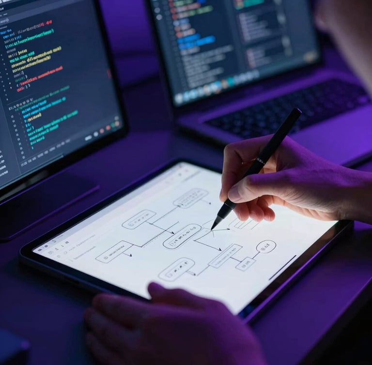 Close-up of hands sketching a UI/UX flow on a tablet, modern workspace with deep blue and purple ambient lighting, high contrast, cinematic depth of field, subtle glassmorphism on screens, reflecting code and data. The focus is on collaborative design.