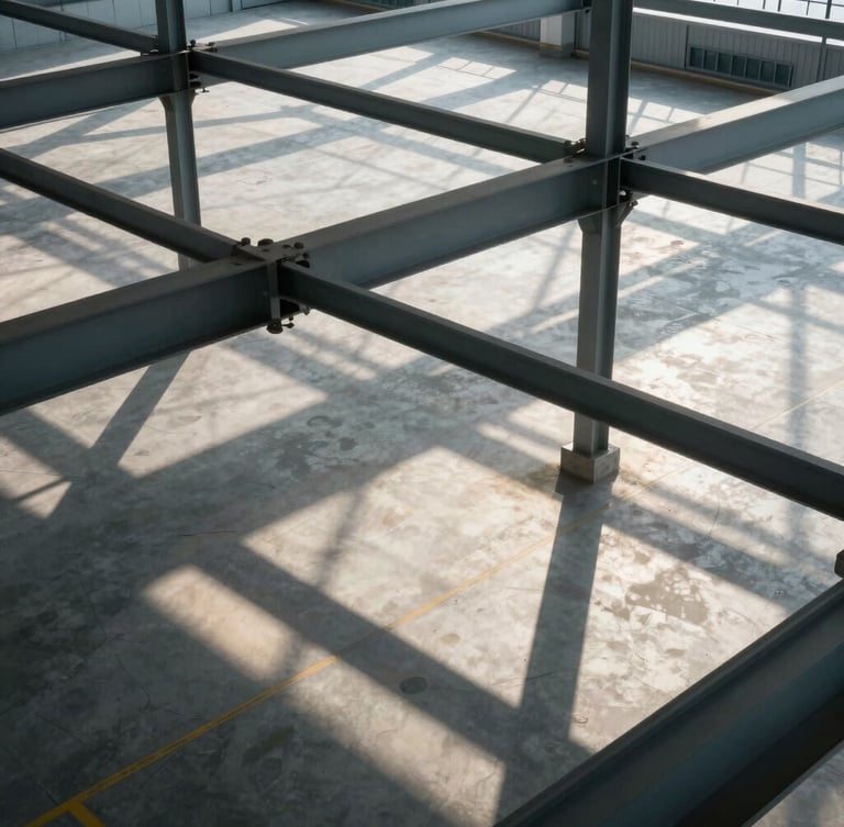 A high-angle architectural detail of a modern logistics terminal, structured steel beams framing clean morning light, geometric shadows on concrete.